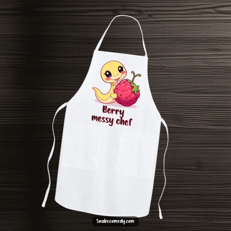 Funny Playful Snake Apron: serpent chasing a berry, ideal for kitchen fun and playful gifts.