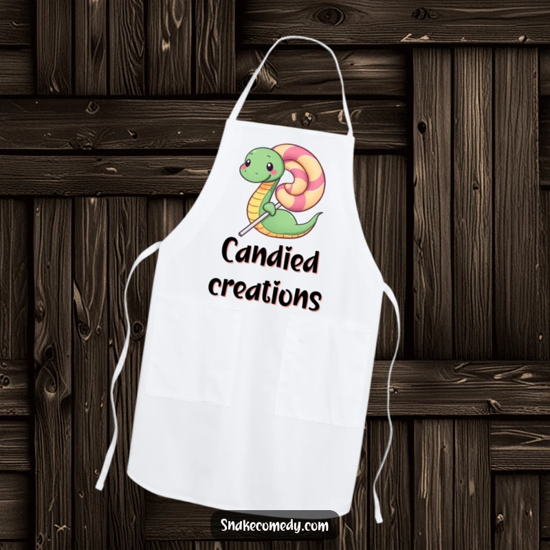 Funny apron with a happy snake character wrapped around a large lollipop, bringing sweetness and humor to cooking.