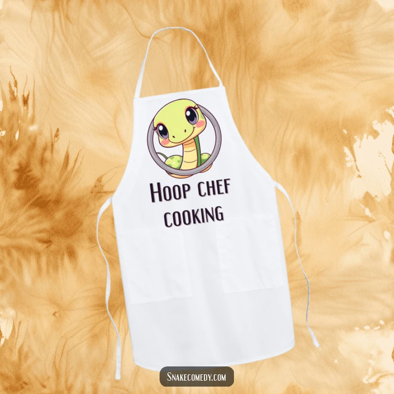 Funny kawaii snake hoop apron, depicting a curious snake squeezing through a hoop, designed for cheerful cooking and baking.