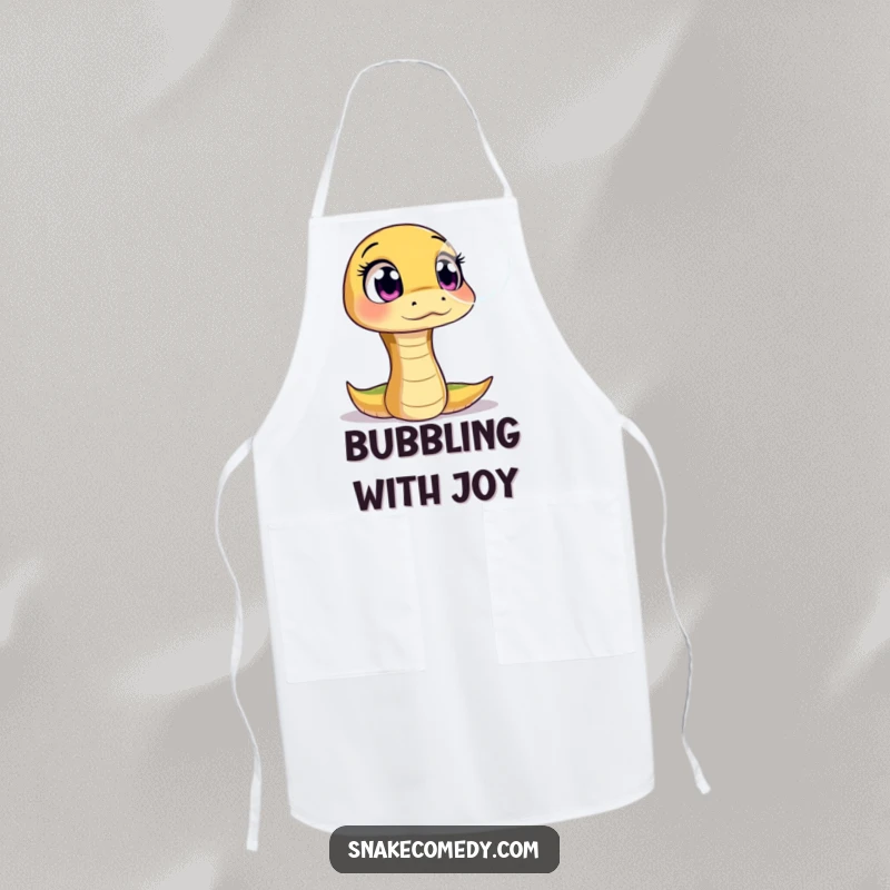Funny apron with a snake character showing wide, amazed eyes at a floating, shimmering bubble, making kitchen tasks magical and amusing.