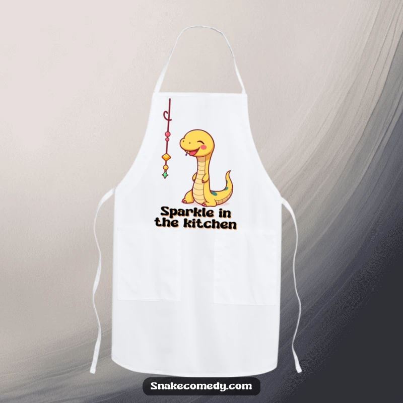 Funny Snake Apron: A happy snake playfully batting at a sparkly dangling charm, bringing humorous sparkle to cooking.