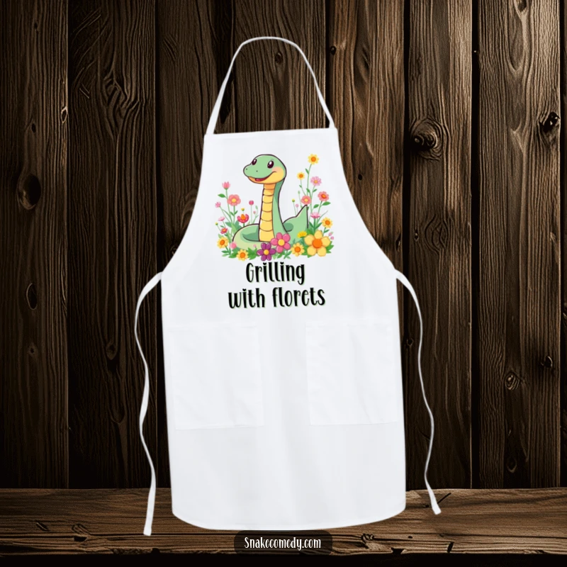 Funny Snake Flower Apron: A humorous apron with a smiling snake slithering happily through a field of colorful flowers.