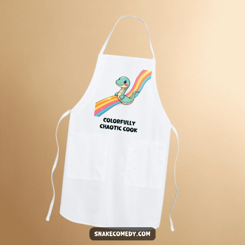 Funny snake apron, for the vibrant cook, a snake comically sliding down a rainbow ribbon, a fun kitchen accessory.