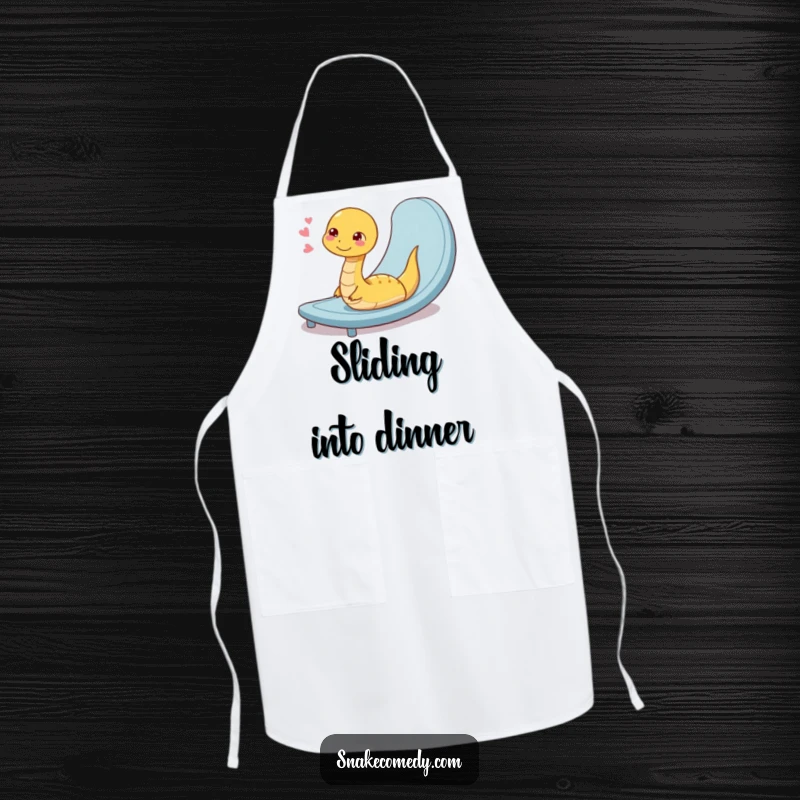 Funny apron with a coiled snake character sighing contentedly after a smooth slide down a ramp, making cooking a relaxing joy.