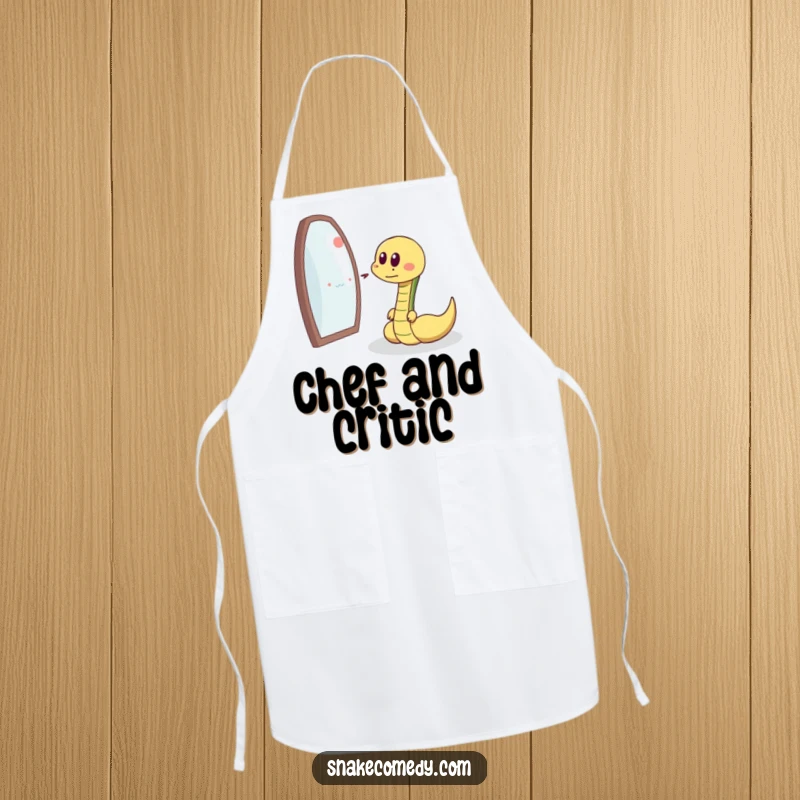 Funny snake chasing reflection, delighted sigh, cartoon cooking apron, perfect humorous gift for chefs.