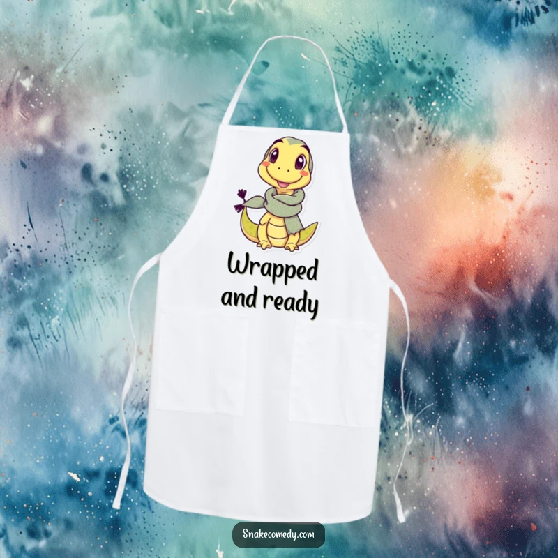 Funny apron featuring a delighted snake character wearing a comically large, patterned scarf and a cheerful wink.