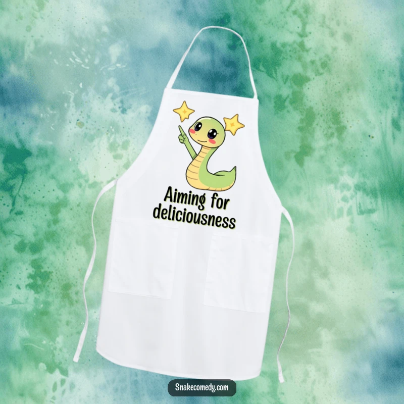 Funny snake excitedly pointing its head towards a twinkling star on an apron, ideal for cooking and inspiring ambitious goals.