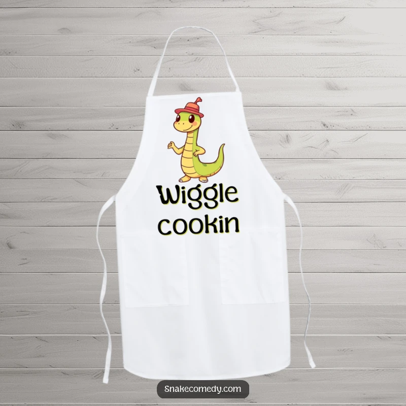 Funny snake wearing a tiny hat doing a wiggle dance on a kitchen apron, adding humor to cooking tasks.