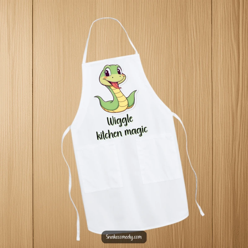 Funny snake apron depicting a cartoon snake wiggling energetically with its tongue out playfully, ideal for adding humor to cooking.