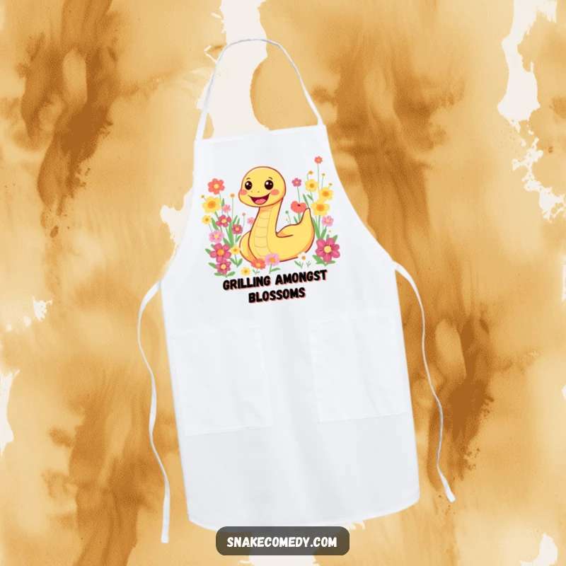Funny smiling snake character slithering through a colorful flower field, printed on a functional apron for joyful cooks.