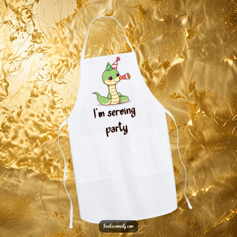 Funny snake wearing a party hat, blowing a cheerful party horn on an apron, ideal for cooking and adding humor to the kitchen.