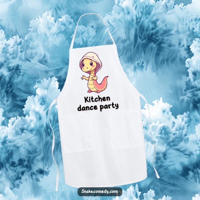 Funny snake apron illustrating a wiggly snake character performing a silly dance with a cheerful hood, ready to bring fun to the kitchen.