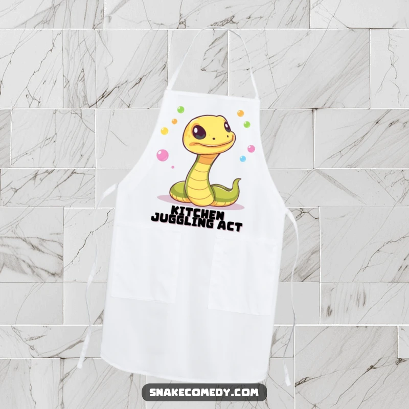 Funny snake with a mischievous flicker, juggling colorful, glowing orbs on an apron, ideal for cooking and adding a magical touch.