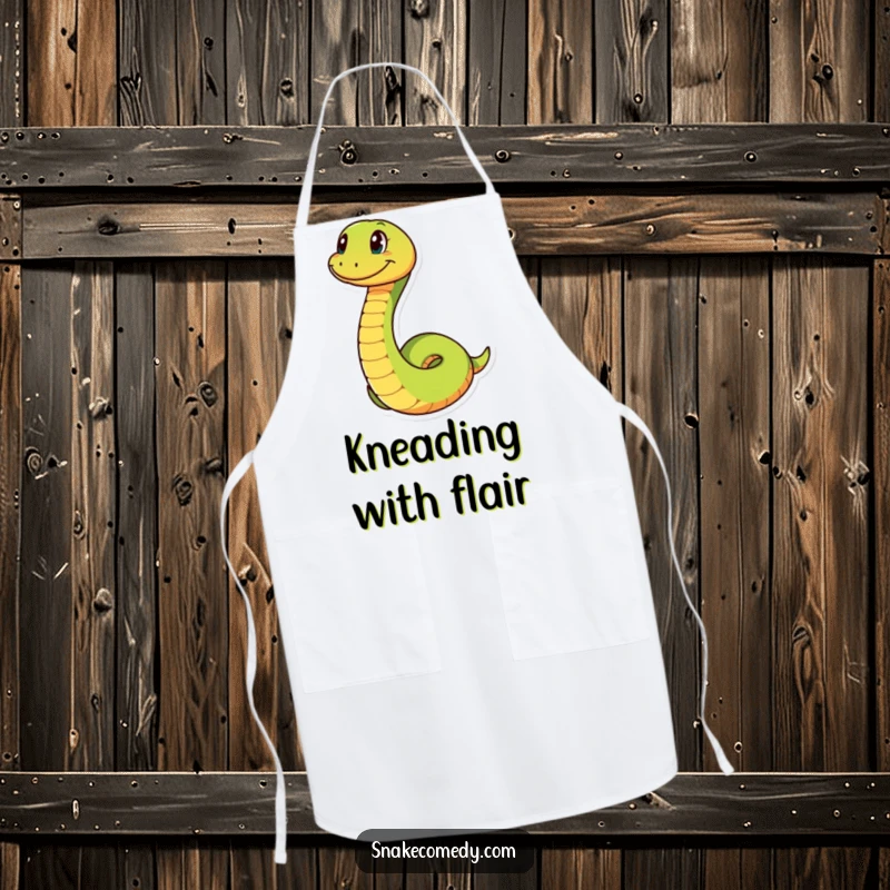 Funny snake with a big grin, playfully coiling, on a humorous and functional apron for a cheerful kitchen experience.