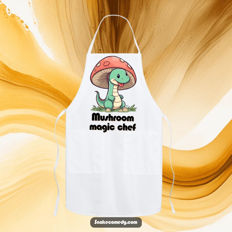 Funny Snake Mushroom Apron: A sneaky snake humorously peeks from behind a large mushroom while someone is cooking.