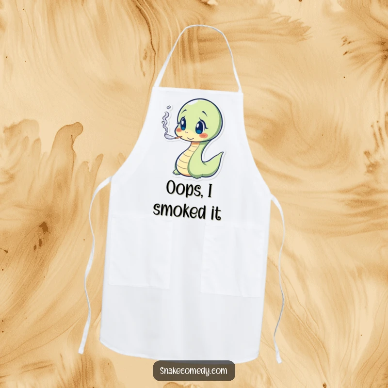 Funny Snake Apron: surprised serpent character exhaling smoke, ideal for a humorous kitchen gift.