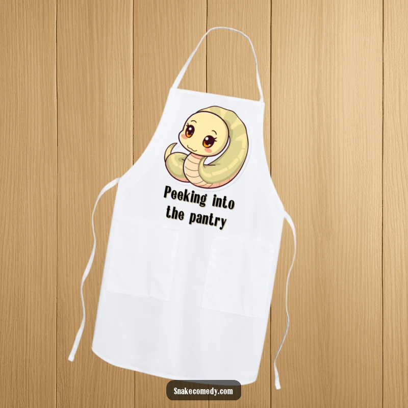 Funny snake apron, curious snake with circular eyes peeking from a coil, whimsical kitchen wear, a perfect funny gift.