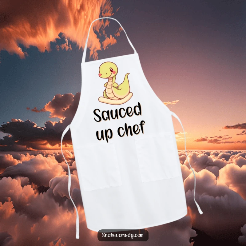 Funny snake apron, for the adventurous chef, a snake happily wiggling through a giant noodle, a fun kitchen accessory.