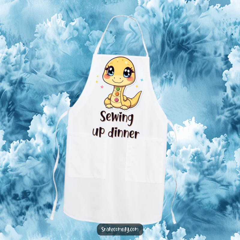 Funny apron showcasing a snake with sparkling eyes, masterfully juggling three shiny buttons, turning cooking into a show.