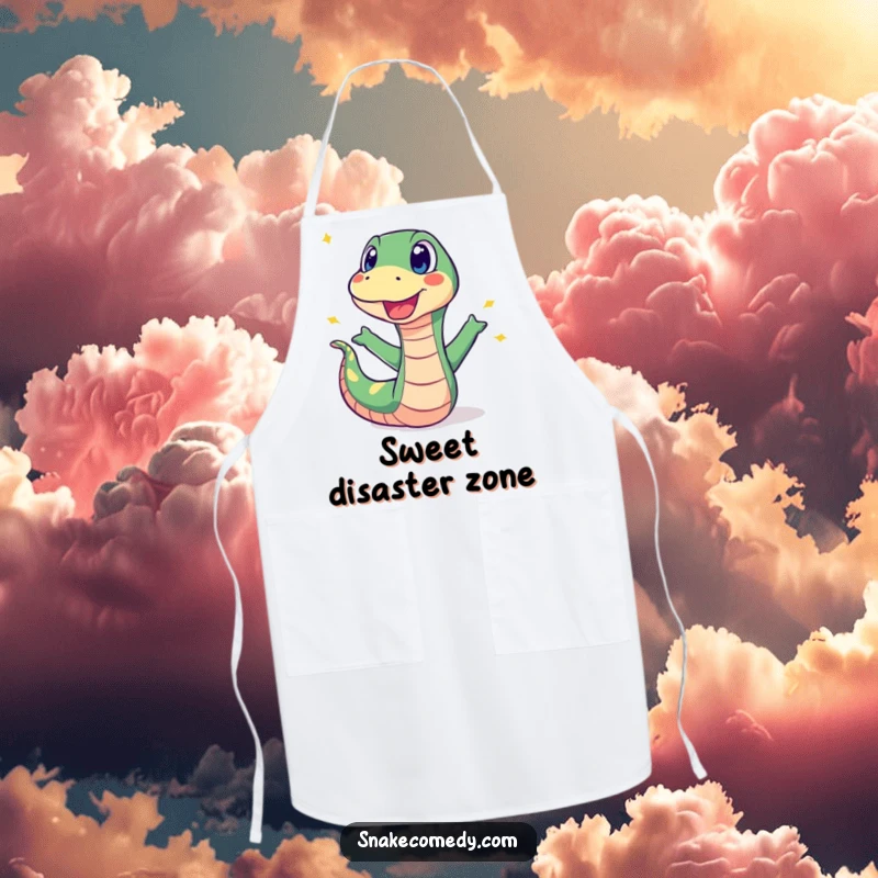 Funny apron with a surprised snake recoiling from a popping sweet, adding humor and fun to cooking.