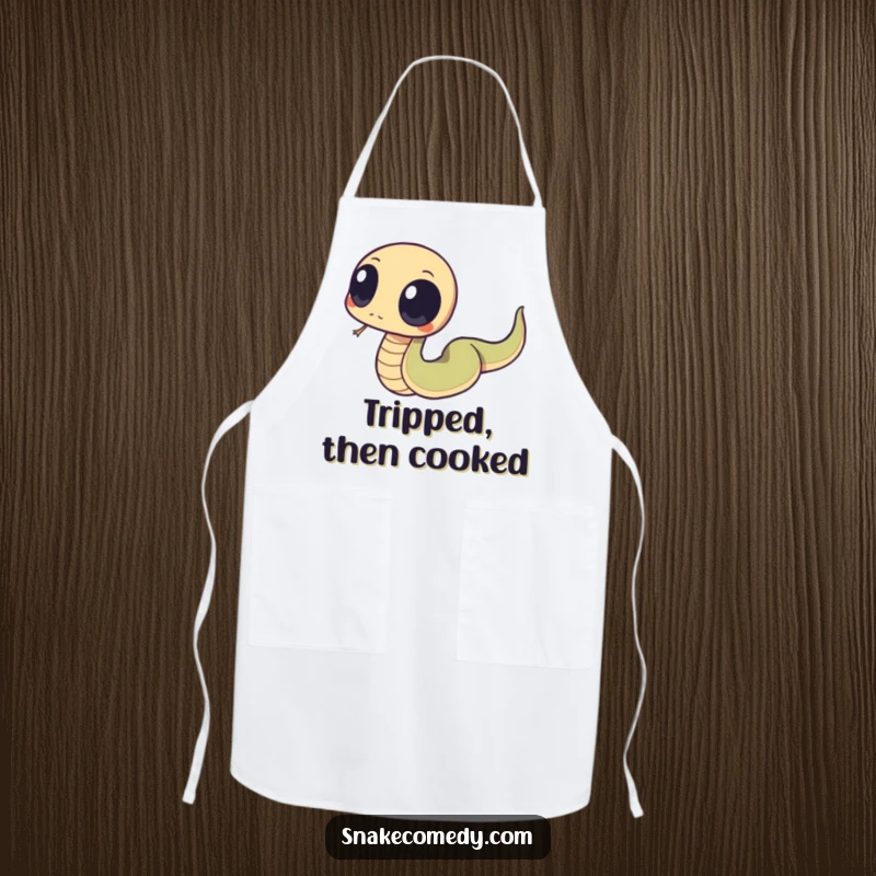 Funny snake with big, round eyes humorously tripping over its tail, on a humorous and functional apron.