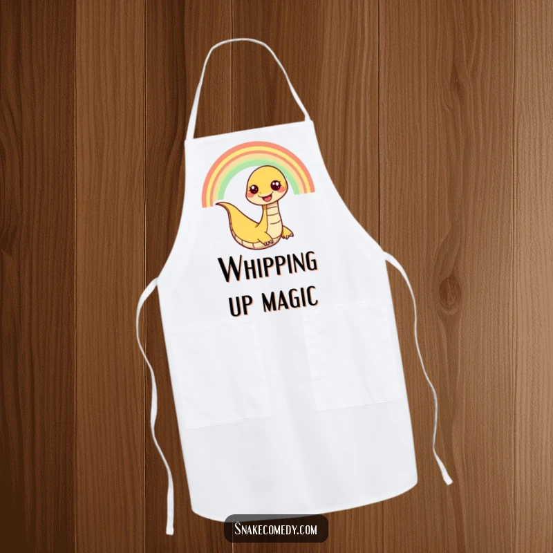 Funny snake apron illustrating a happy snake character playfully slithering down a rainbow with a wide, cheerful grin.