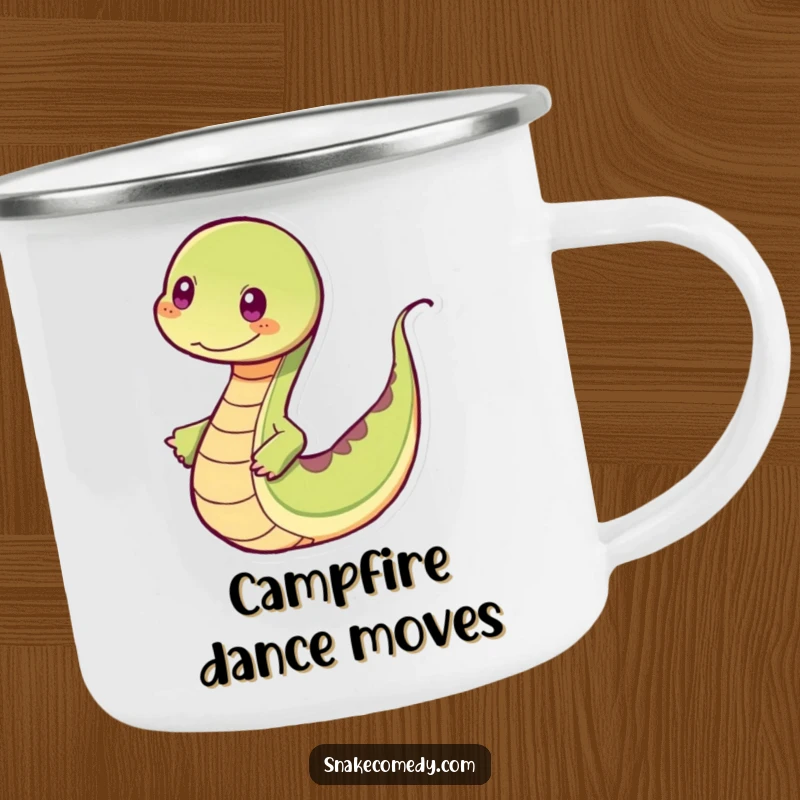 Funny snake camping mug showing a snake dancing rhythmically with a wiggling tail, perfect for outdoor enthusiasts.