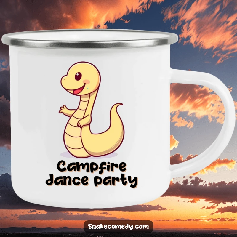 Funny camping mug with a happy snake doing a comical wobbly dance, perfect for adding cheer to outdoor activities.