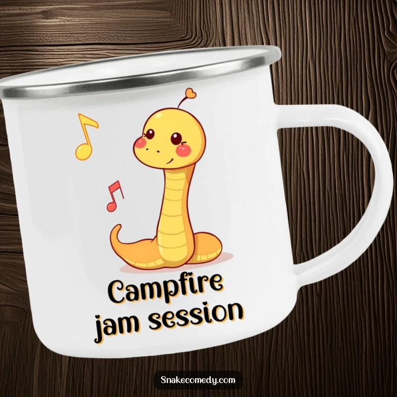 Funny camping mug showing a snake playfully bopping a musical note, ideal for cheerful outdoor drinks with rhythm.