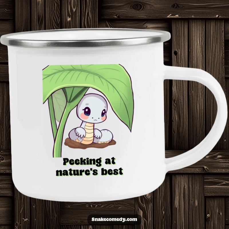 Funny Curious Snake Camping Mug: serpent peeking from a leaf, perfect for outdoor curiosity and gifts.