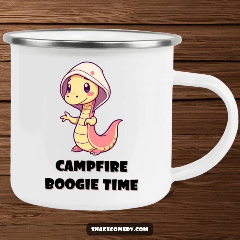 Funny snake camping mug depicting a wiggly snake character doing a silly dance with a cheerful hood, ready for outdoor fun.