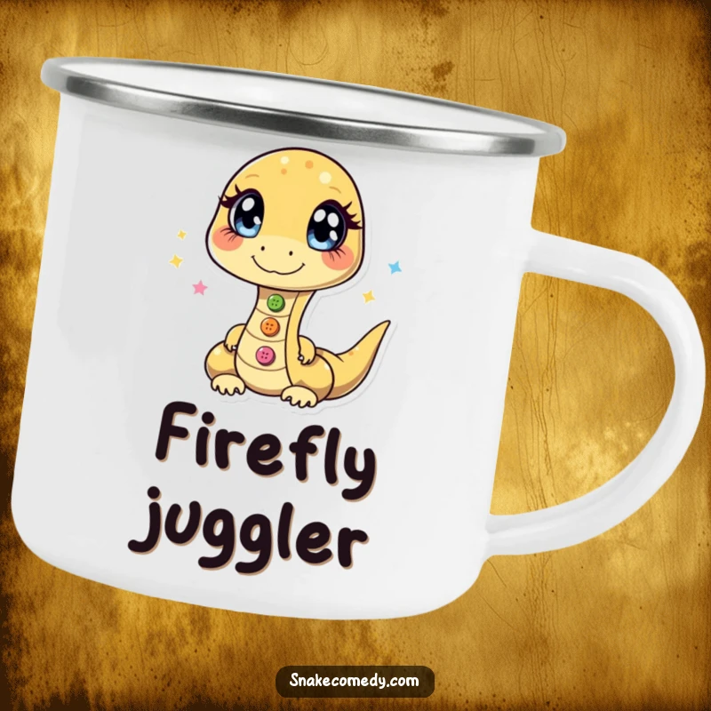 Funny camping mug featuring a snake with sparkling eyes, expertly juggling three shiny buttons, ready for the wild.