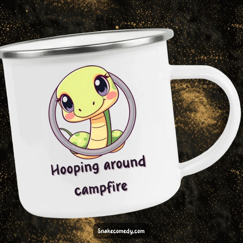 Funny kawaii snake hoop camping mug, depicting a curious snake squeezing through a hoop, built for outdoor enjoyment and charm.