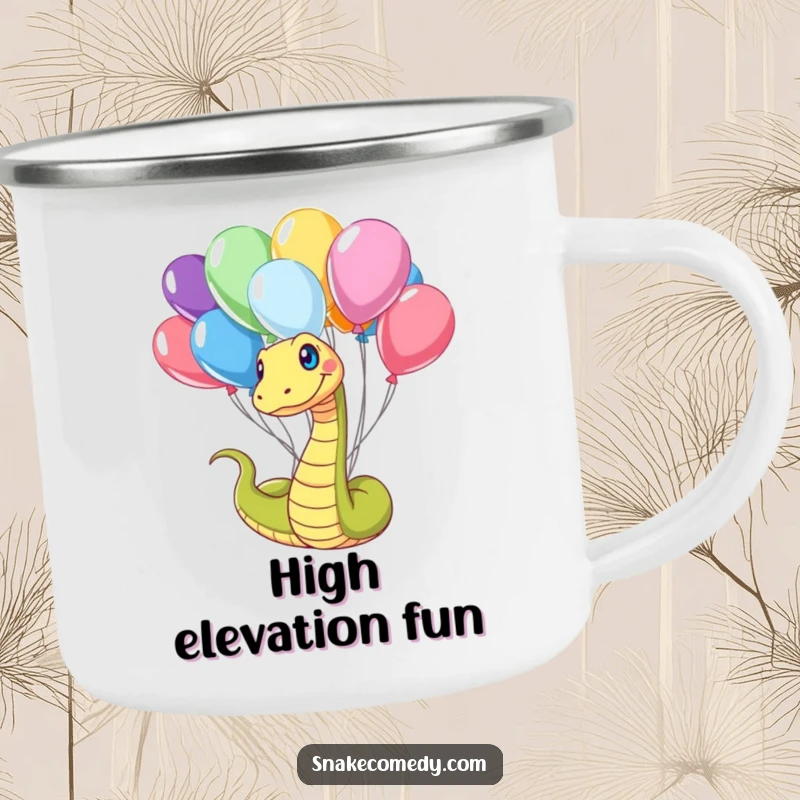 Funny Snake Camping Mug: A snake playfully tangled in colorful balloons, ready for campfire stories and cheerful moments.