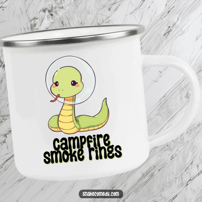 Funny snake blowing bubble, sassy tongue flick, durable cartoon camping mug, perfect humorous outdoor gift.