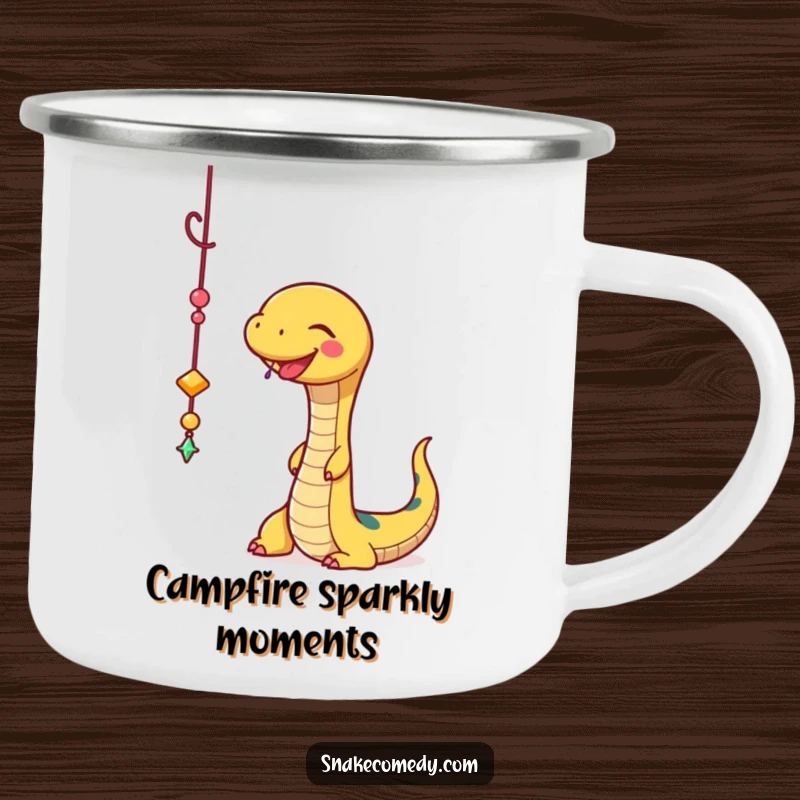 Funny Snake Camping Mug: A snake playfully batting at a sparkly charm, ready for campfire stories and dazzling moments.