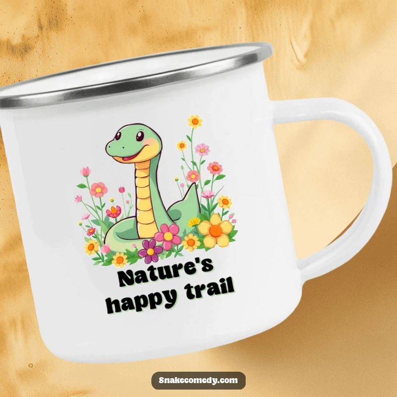 Funny Snake Flower Camping Mug: A sturdy mug featuring a happy snake slithering through flowers, perfect for outdoor enjoyment.