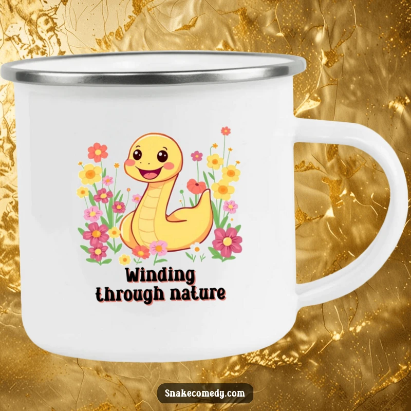 Funny smiling snake character slithering through a colorful flower field on a durable camping mug, ready for outdoor enjoyment.
