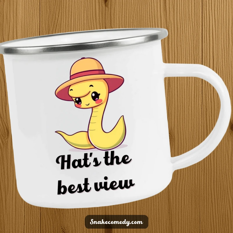 Funny snake character happily balancing a small round hat on a durable camping mug, ready for stylish outdoor adventures.
