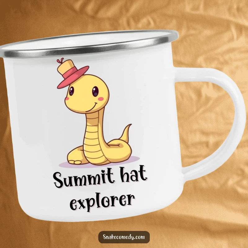 Funny Snake Hat Camping Mug: A smiling snake is humorously depicted balancing a tiny hat, perfect for outdoor sipping.