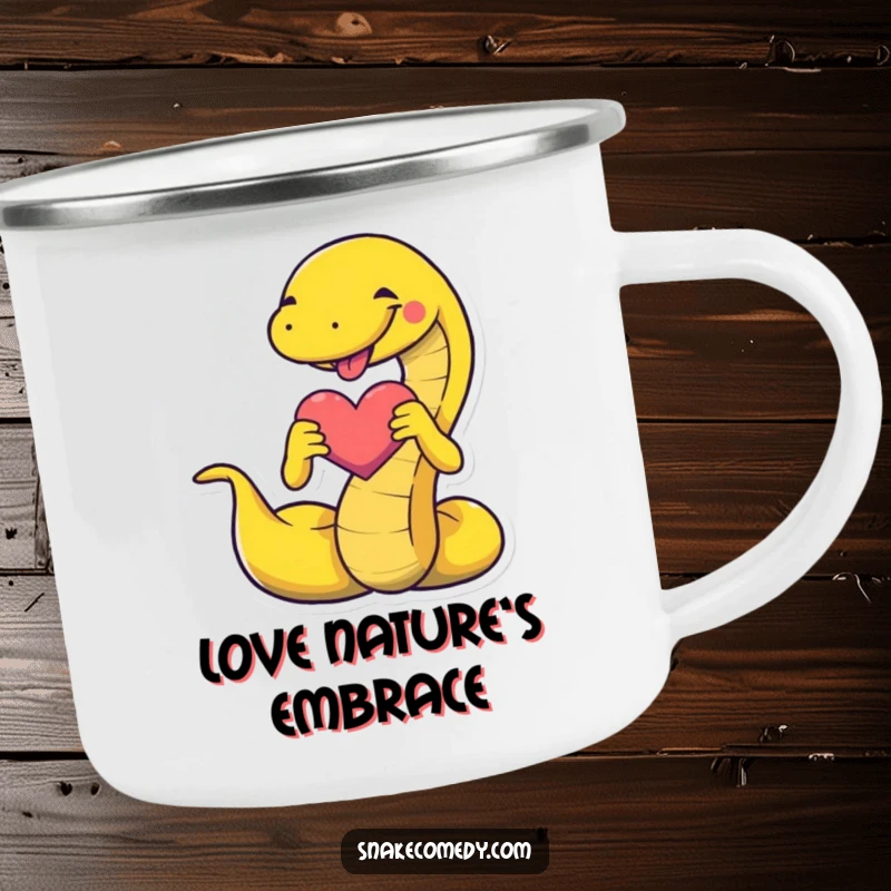 Funny snake camping mug featuring a snake forming a heart shape, bringing love and humor to outdoor adventures and beverages.