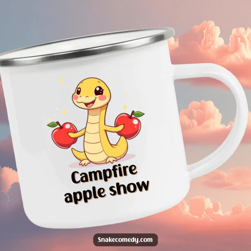 Funny snake juggling apples, gleeful wiggle, durable cartoon camping mug, perfect humorous outdoor gift.