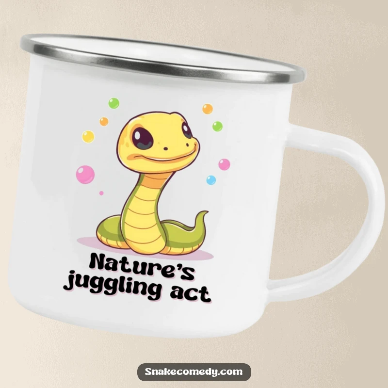 Funny snake with a mischievous flicker, juggling colorful, glowing orbs on a camping mug, great for outdoor use and magical moments.