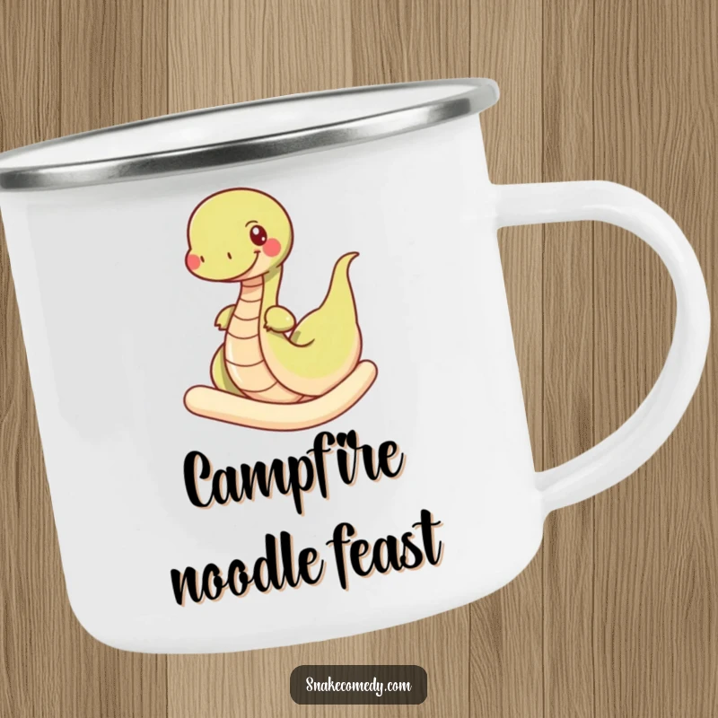 Funny snake camping mug, durable, featuring a happy snake wiggling through a giant noodle, for campers who love food humor.