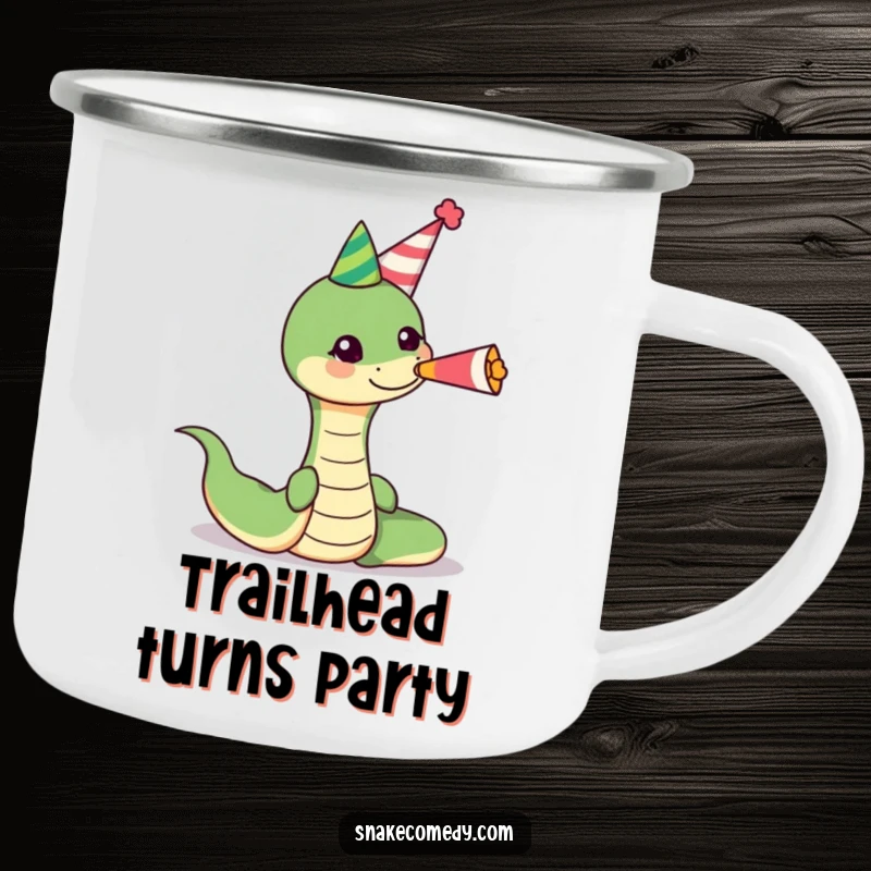 Funny snake wearing a party hat, blowing a cheerful party horn on a camping mug, great for outdoor use and adding humor to trips.