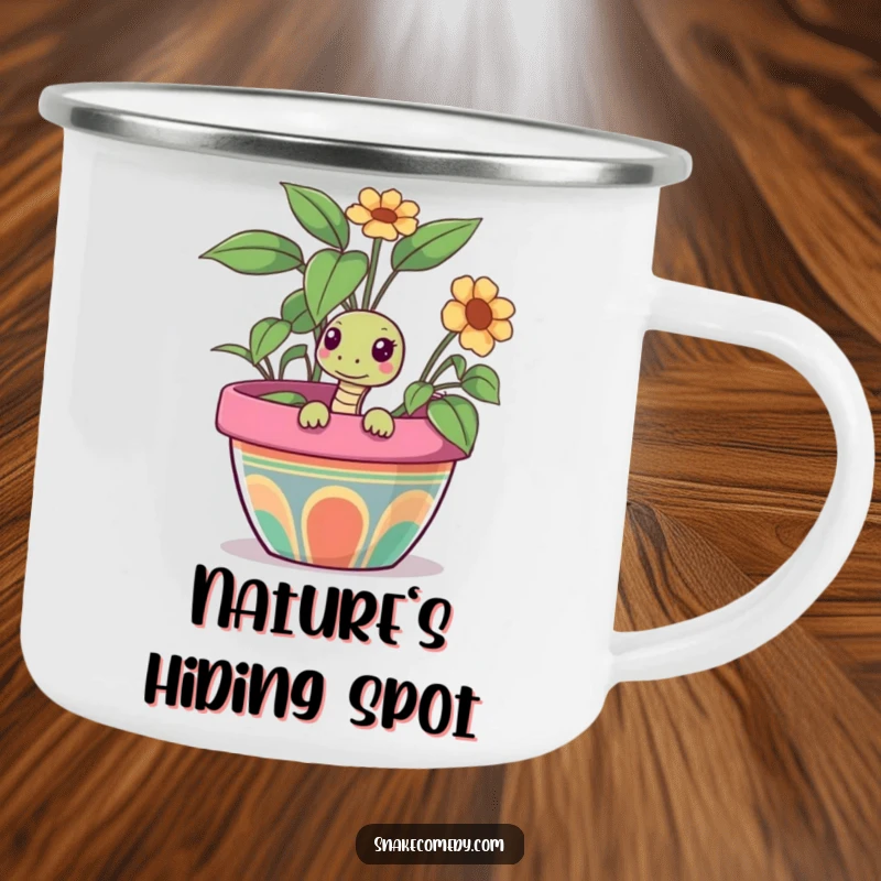 Funny snake camping mug featuring a curious snake peeking out from a colorful flower pot, perfect for adding garden humor to outdoor drinks.