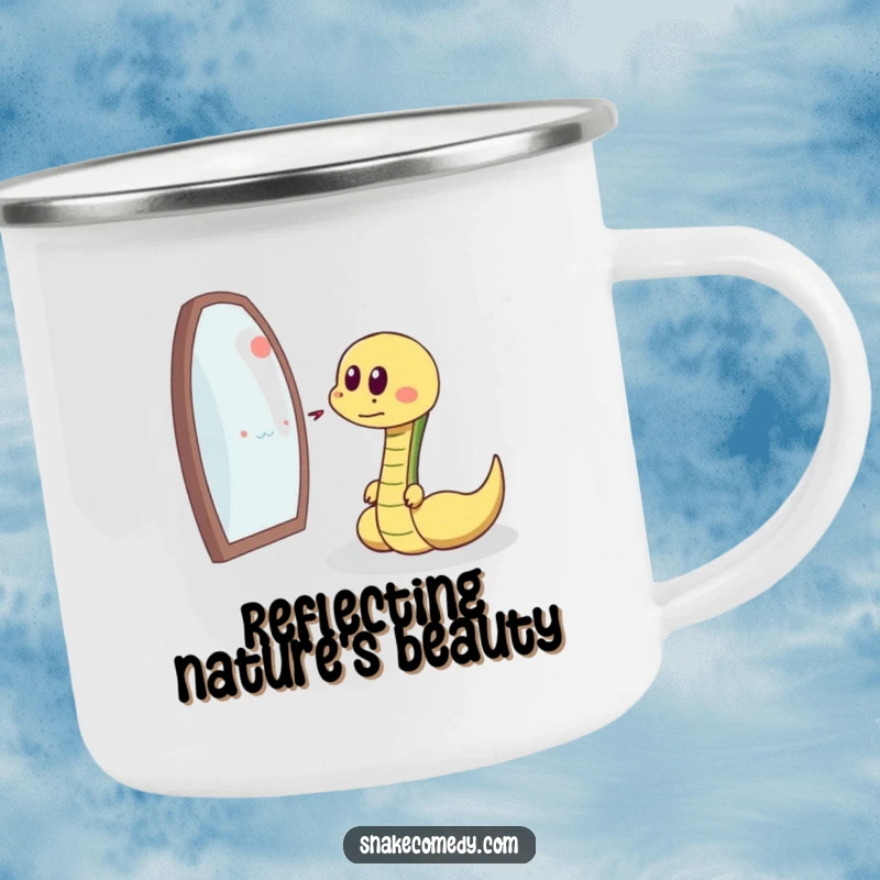 Funny snake chasing reflection, delighted sigh, durable cartoon camping mug, perfect humorous outdoor gift.