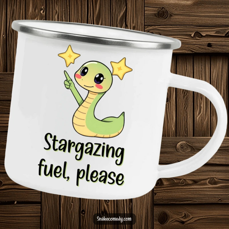 Funny snake excitedly pointing its head towards a twinkling star on a camping mug, great for outdoor use and inspiring dreams.