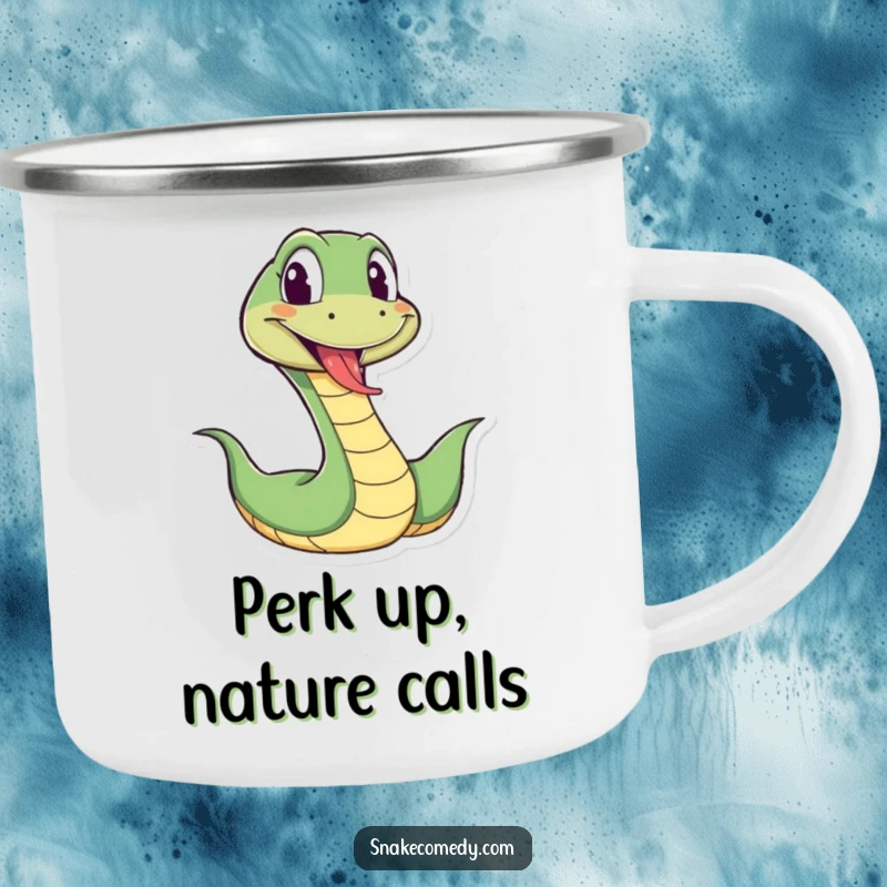Funny snake camping mug with a cartoon snake wiggling energetically, tongue sticking out playfully, perfect for humorous outdoor trips.