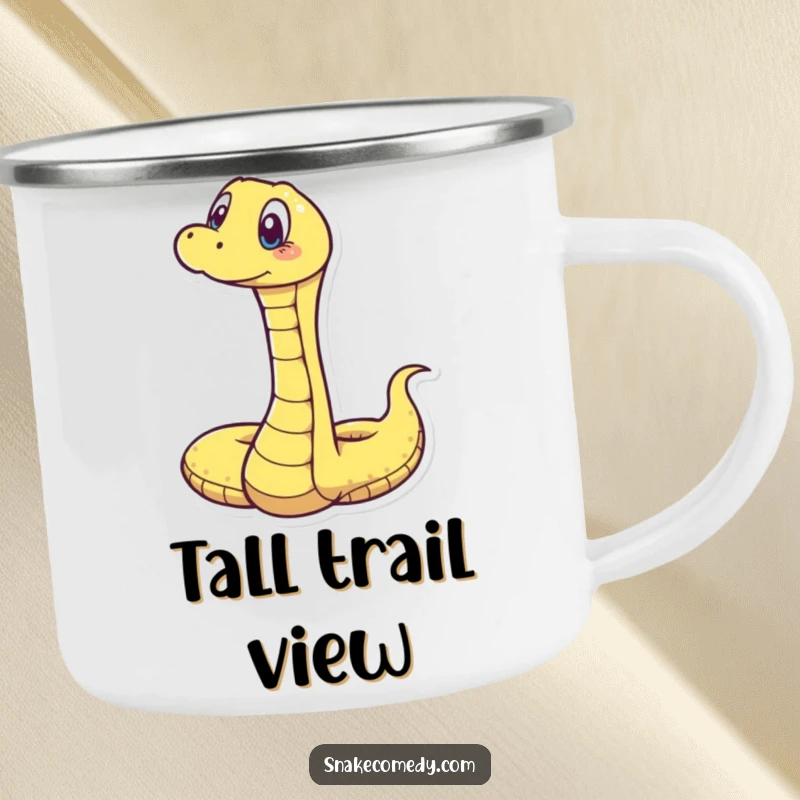 Funny camping mug showing a snake stretching vertically with a comically surprised expression, ideal for outdoor refreshment.